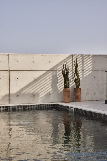 Rooftop pool area with potted plants and a concrete wall at White City Limassol Hotel.